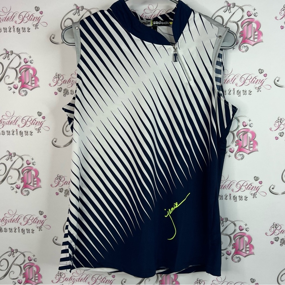 Jamie Sadock tank top zip up stripes preppy Navy and White Sleeveless Tank Top